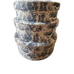 Blue White Toile Fabric Round Vintage Nesting Hat Box Set Storage Decor